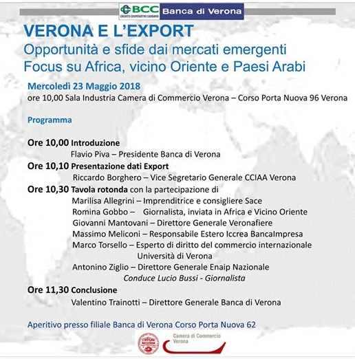 Verona e l’export. Opportunità e sfide dei mercati emergenti. Focus su Africa, Vicino Oriente e Paesi&nbsp;Arabi